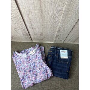 Girls Cat & Jack XL Floral Blouse & Distressed Denim Jeans Size 14